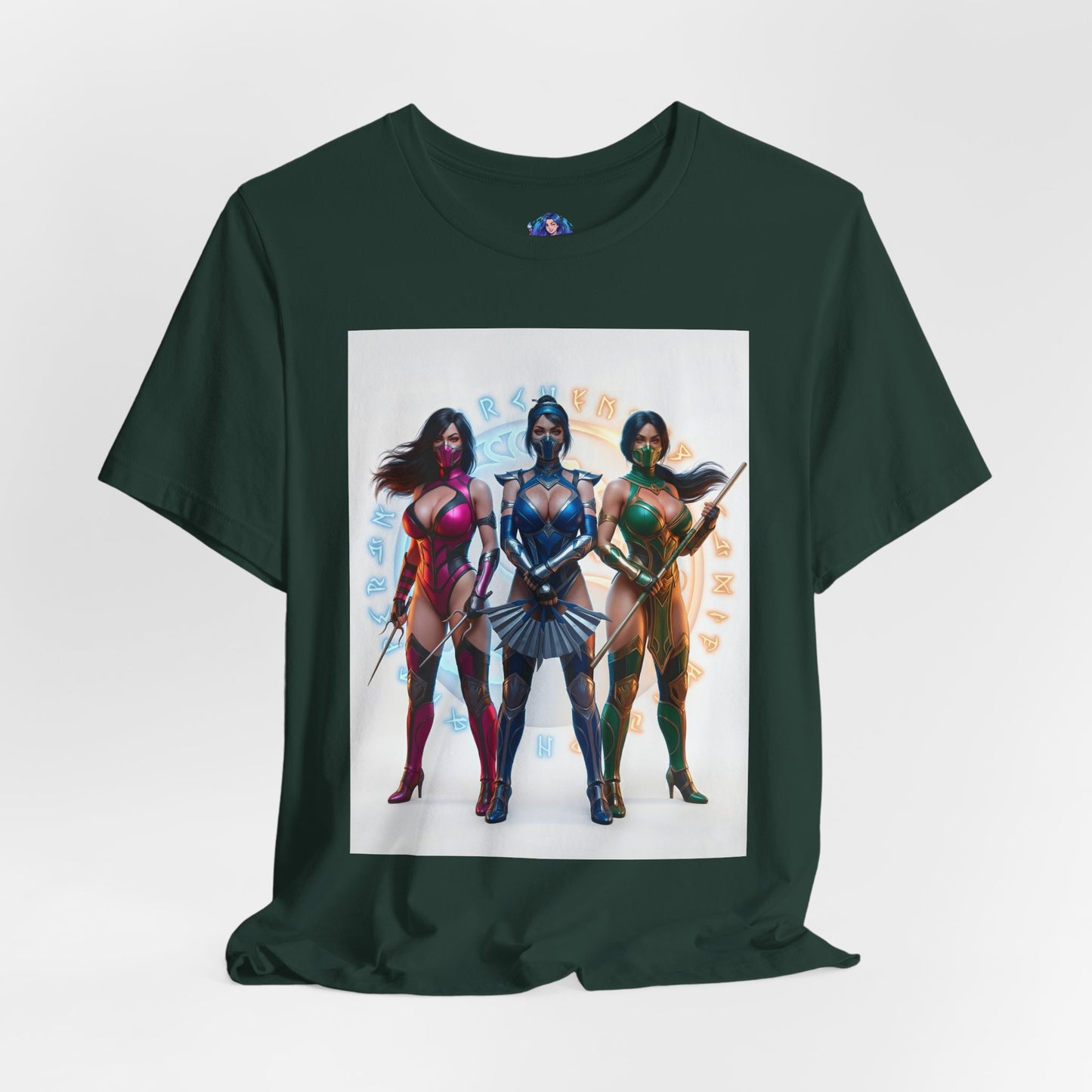 Kitana Jade and Mileena T-Shirt | Mortal Kombat Anime Tee for Gamers & Fans - anime-style trio print on dark green Bella canvas