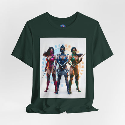 Kitana Jade and Mileena T-Shirt | Mortal Kombat Anime Tee for Gamers & Fans - anime-style trio print on dark green Bella canvas