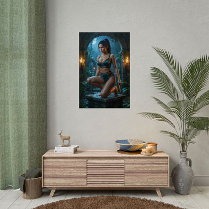 Lara Croft Poster / Lara Croft Wall Art / Lara Croft Art Print / Tomb Raider Poster - rain-soaked jungle temple scene with Lara Croft in cinematic adventure lighting