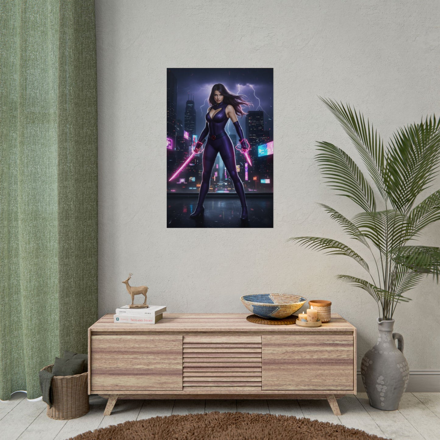 Psylocke Poster, Marvel X-Men Art Print, Iconic Telepath Ninja Hero - neon city wall art for gaming room or home office