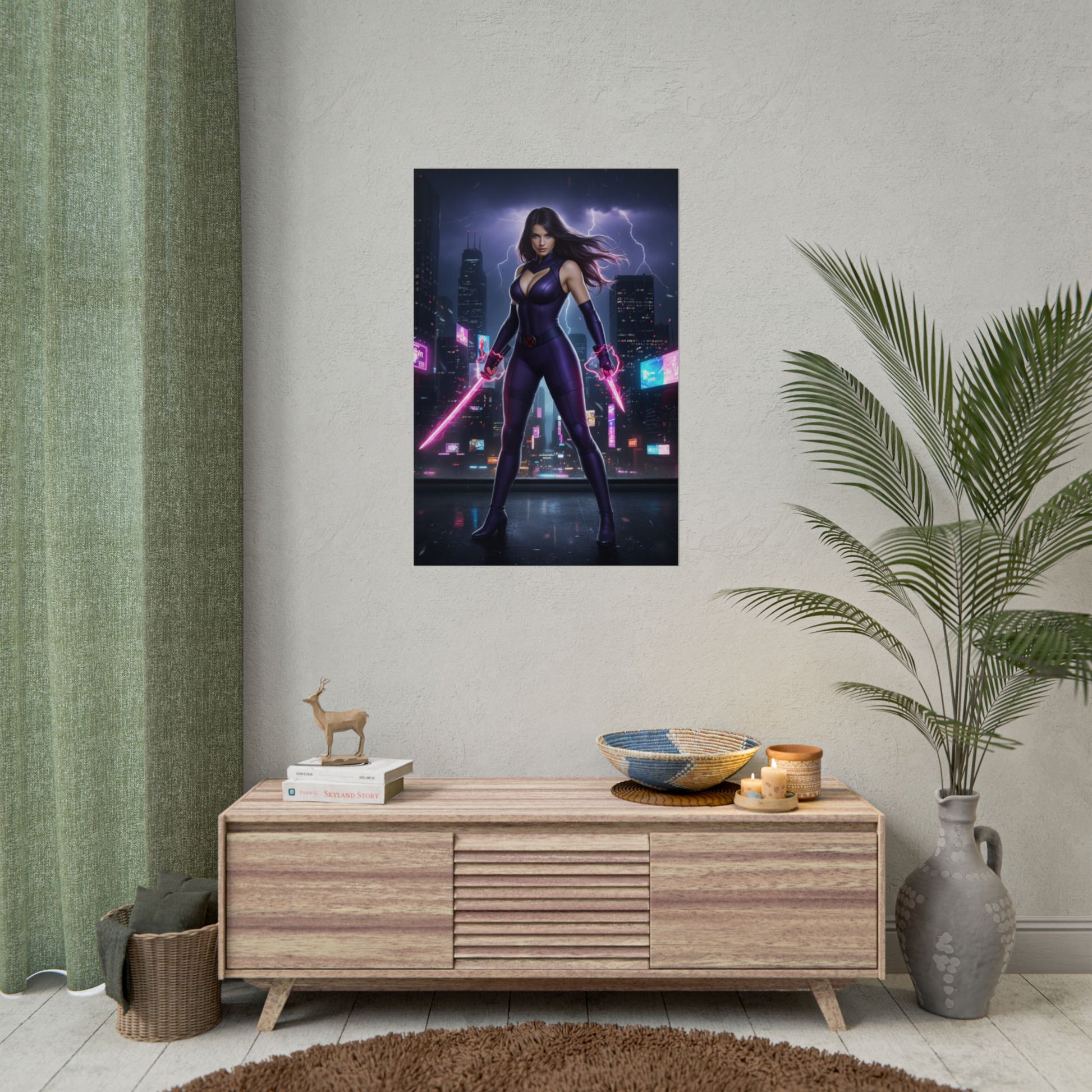 Psylocke Poster, Marvel X-Men Art Print, Iconic Telepath Ninja Hero - neon city wall art for gaming room or home office