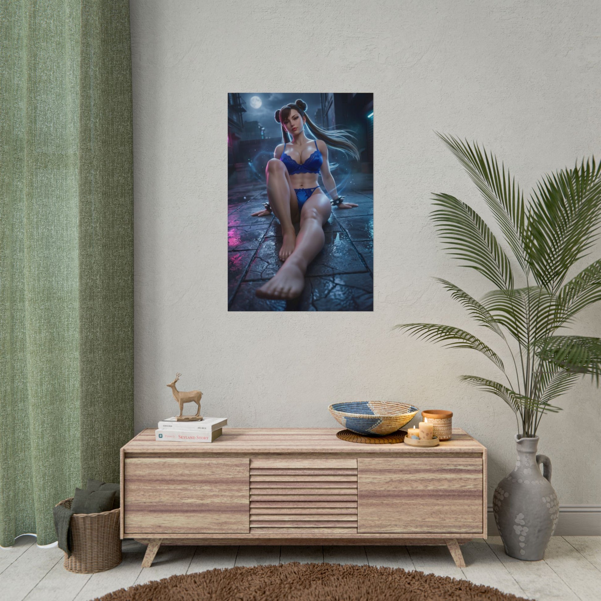 Chun-Li Poster / Chun-Li Wall Art / Chun-Li Art Print / Street Fighter Poster - neon city seated Chun-Li art print showcasing strength and elegance