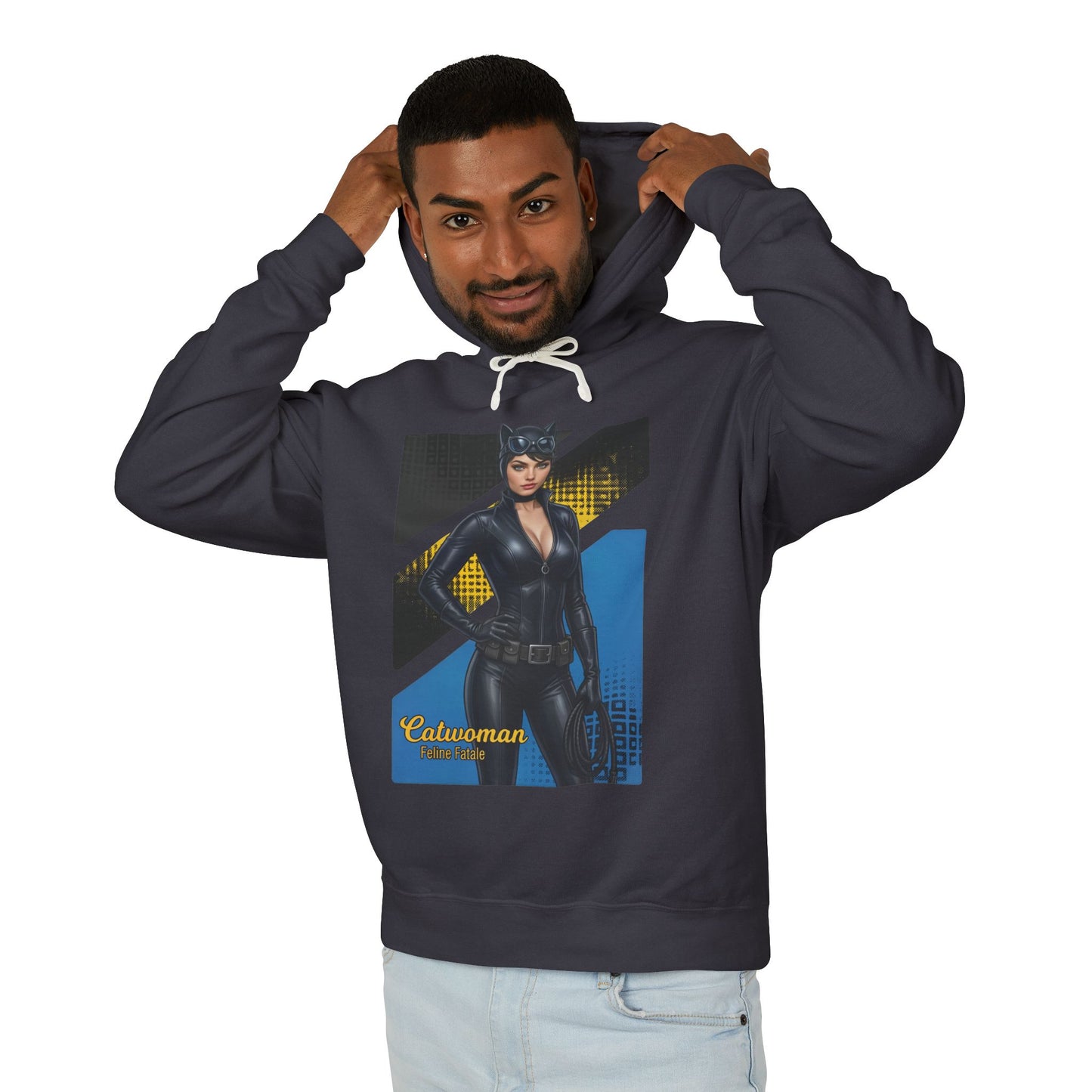 Catwoman Hoodie | DC Comics Hoodie | Anime Gotham Anti-Heroine Pullover - man modeling black Pullover with anime Catwoman graphic