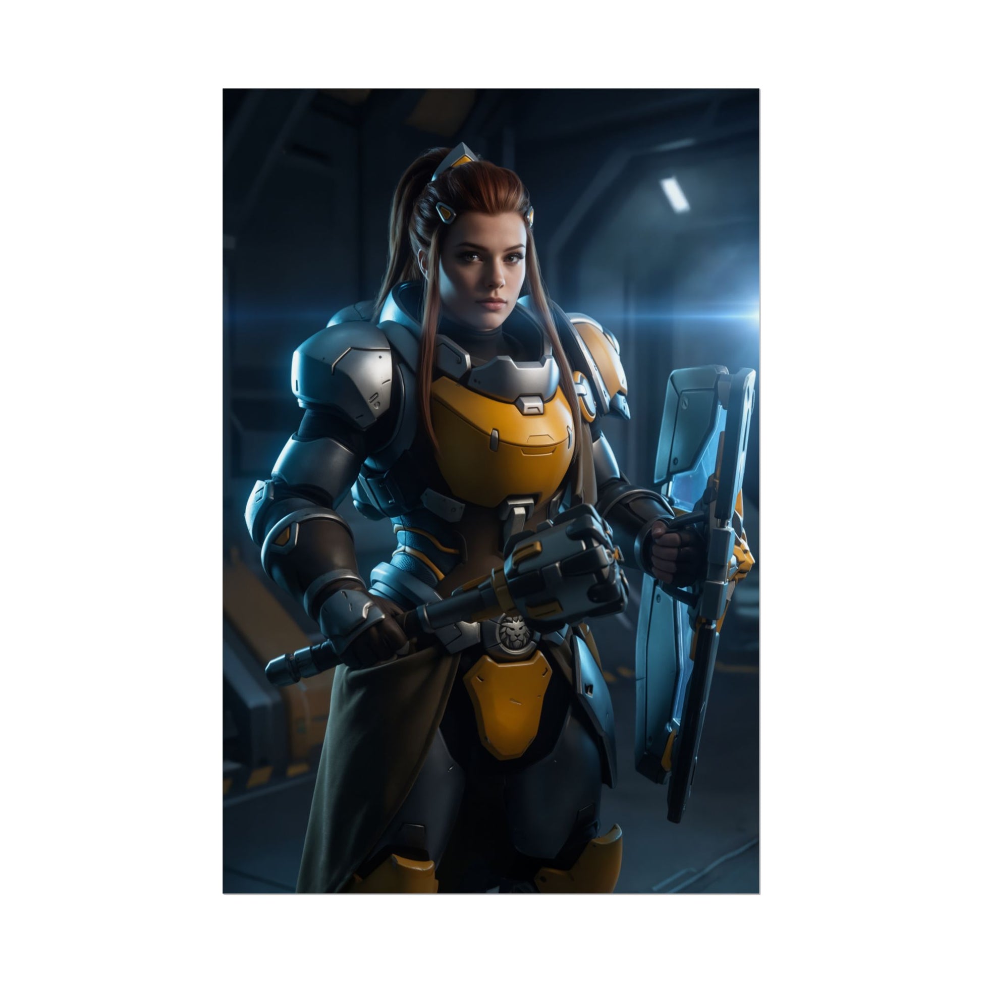 Brigitte Poster, Overwatch Art Print – Iconic Support Heroine Wall Art showcasing armored support heroine in yellow armor with shield and flail for gamer room decor