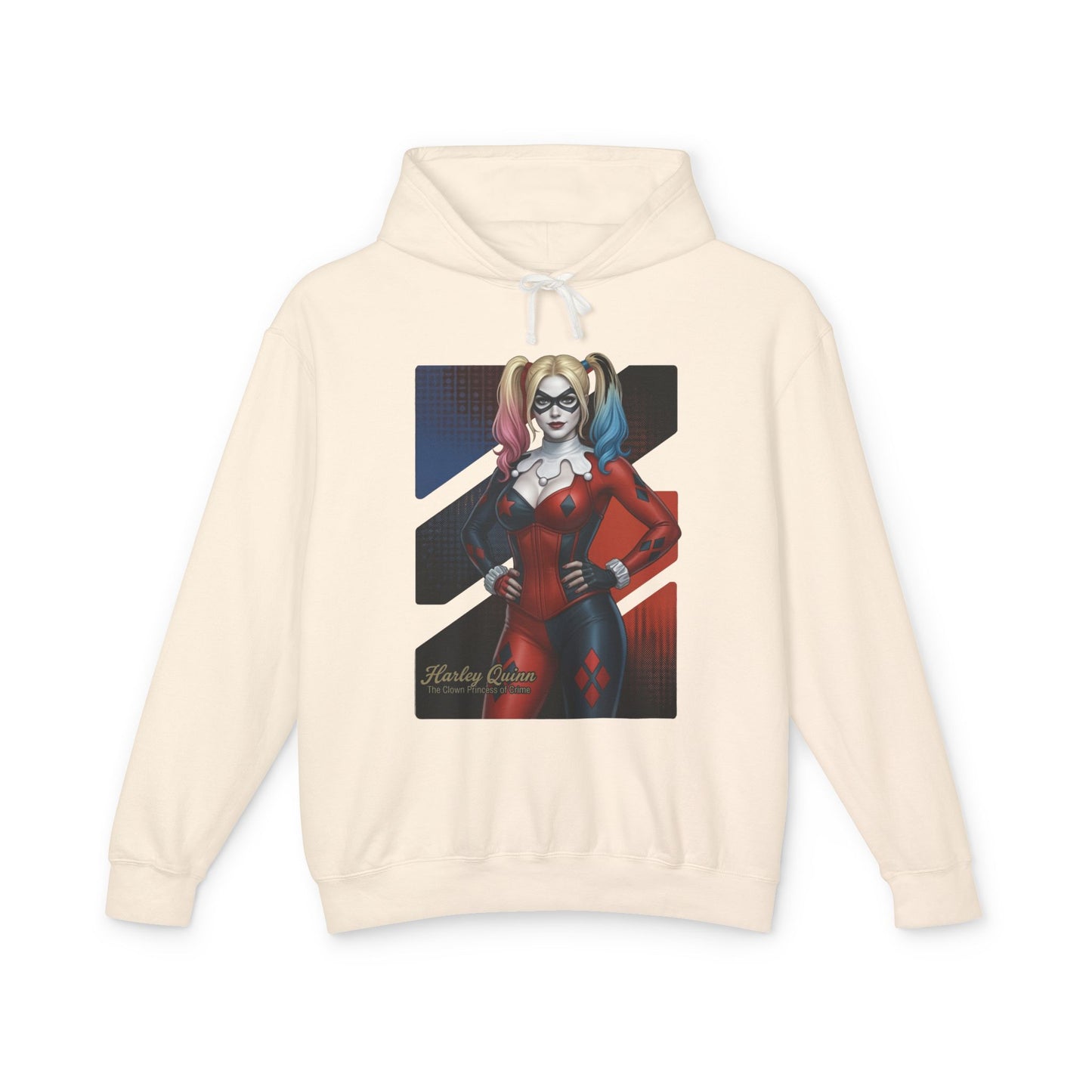 Harley Quinn Hoodie | DC Comics Hoodie | Anime Villain Girl Pullover featuring anime-style Harley Quinn in red black costume on cream pullover