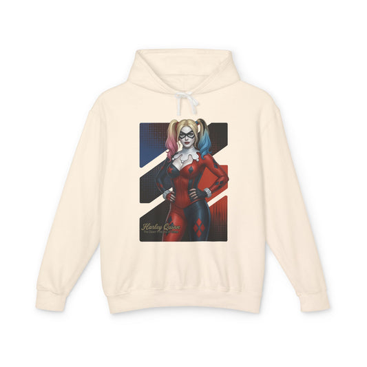 Harley Quinn Hoodie | DC Comics Hoodie | Anime Villain Girl Pullover featuring anime-style Harley Quinn in red black costume on cream pullover