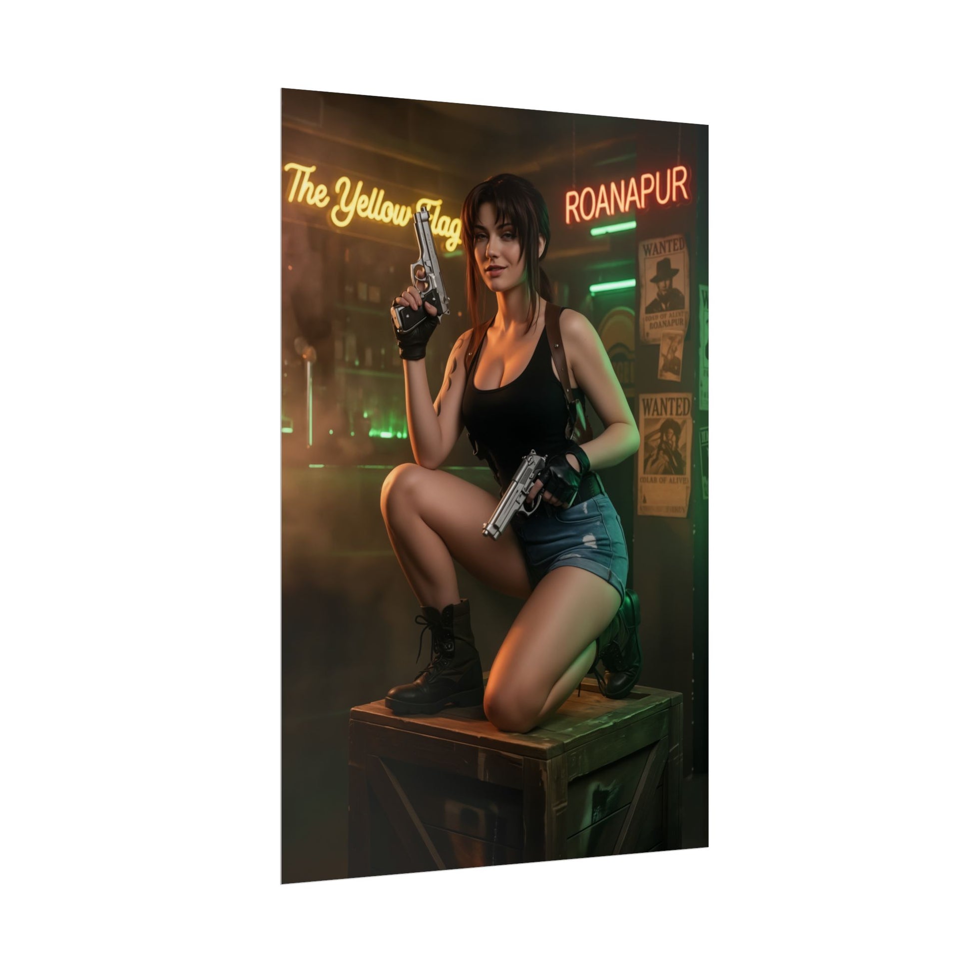 Revy Poster, Black Lagoon Art Print, Iconic Action Anime Character Wall Decor featuring armed Revy in gritty neon bar scene