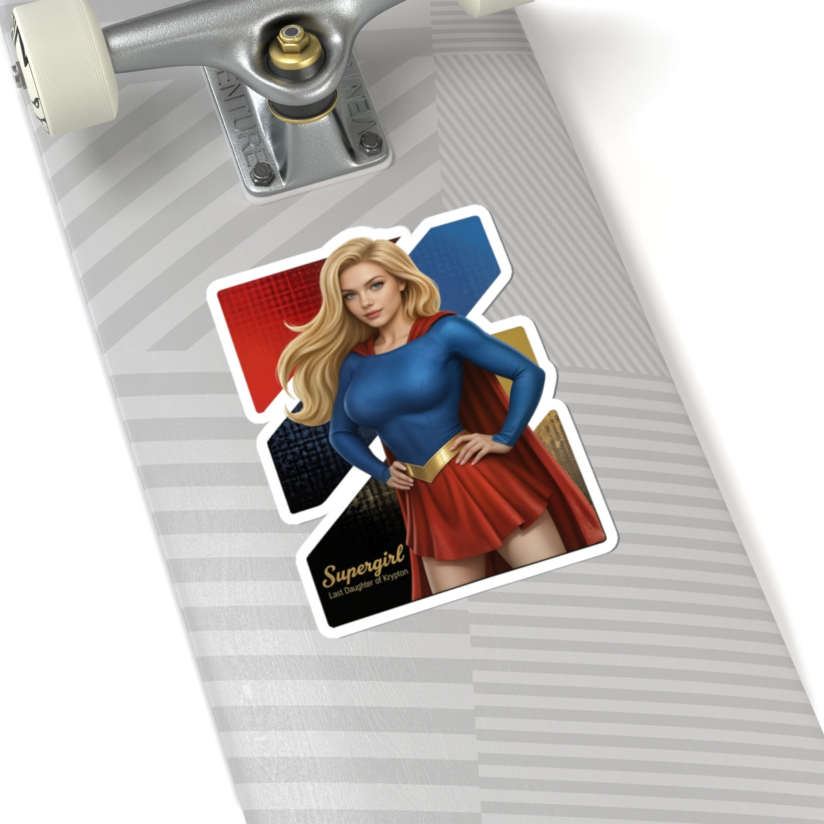 Supergirl Sticker – Superhero Vinyl Sticker for Laptops & Indoor Decor on skateboard showing glossy durable vinyl, bubble-free application, vibrant colors
