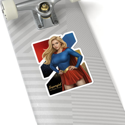 Supergirl Sticker – Superhero Vinyl Sticker for Laptops & Indoor Decor on skateboard showing glossy durable vinyl, bubble-free application, vibrant colors