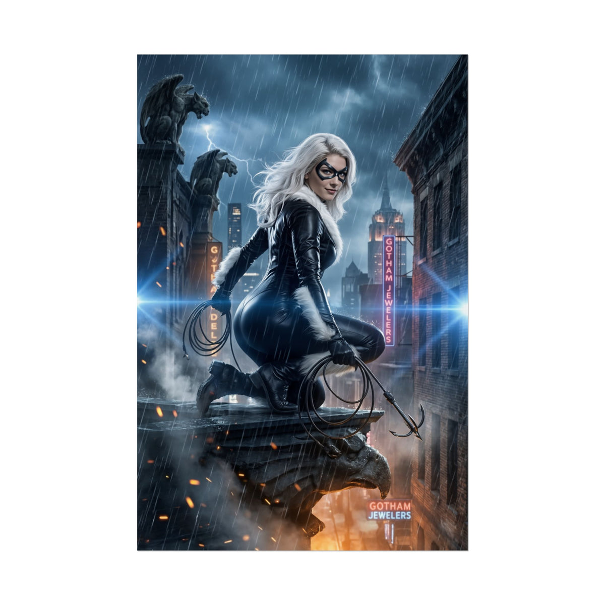 Black Cat Poster, Marvel Print  Classic Comic Wall Art Gift for Fans featuring Black Cat in rain-soaked Gotham rooftop scene