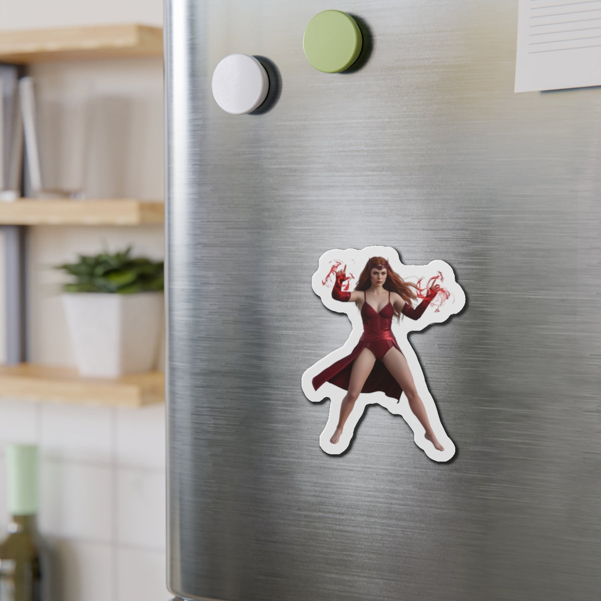 Scarlet Witch Magnet – Marvel Heroine Fridge Magnet, Anime Style Decor showing die-cut vinyl Scarlet Witch anime-style fridge magnet on stainless steel