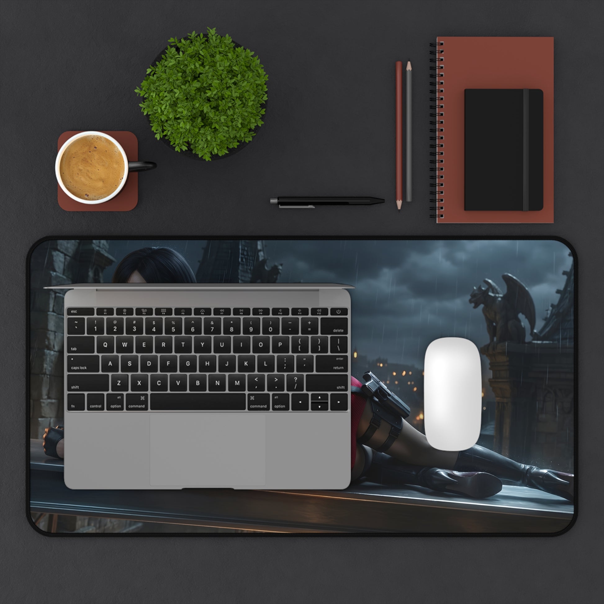 Ada Wong Mouse Pad – Action Game Gaming Mouse Pad, Stylish Gamer Desk Decor showing laptop and mouse on dark-themed gaming desk