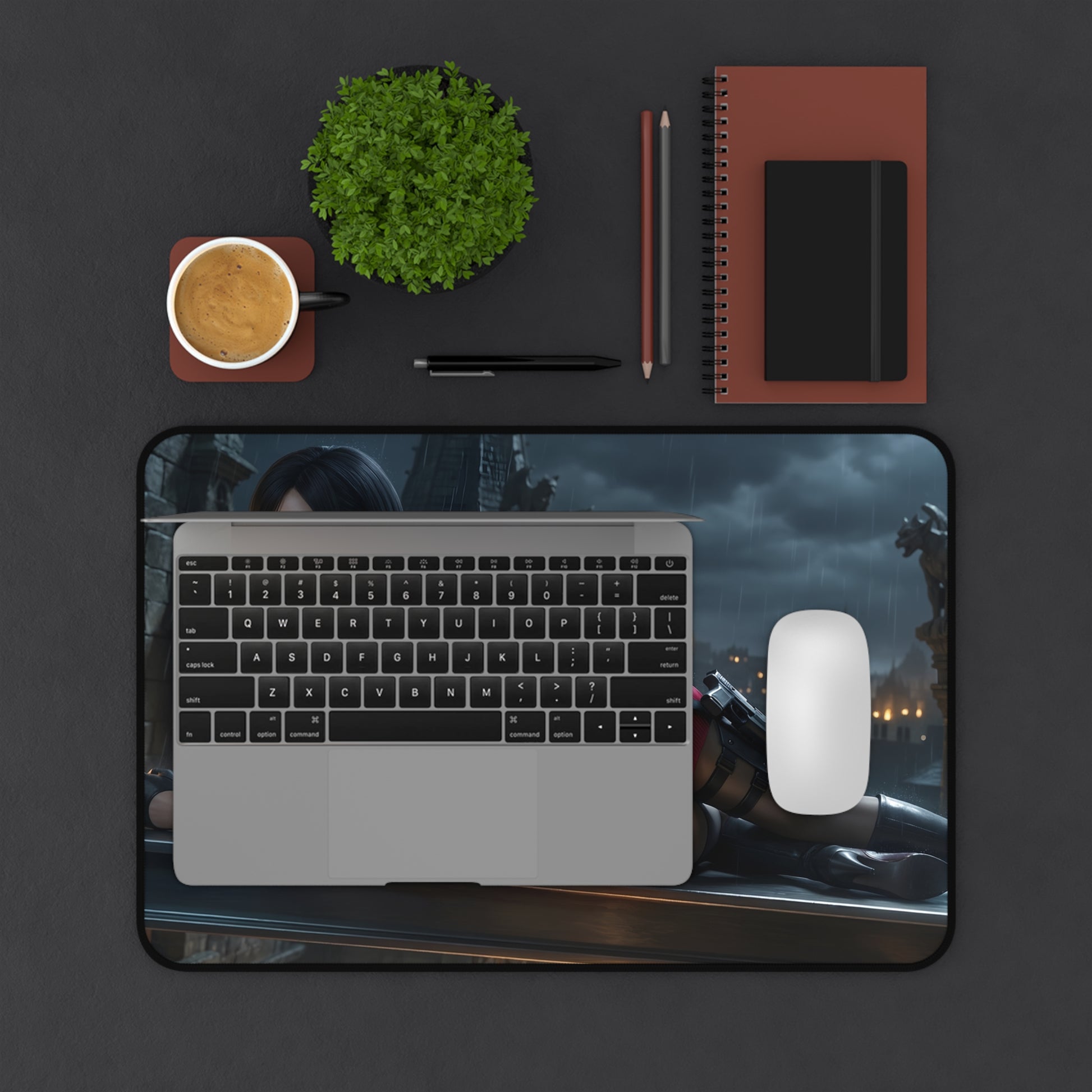Ada Wong Mouse Pad – Action Game Gaming Mouse Pad, Stylish Gamer Desk Decor on sleek gaming desk with laptop and mouse