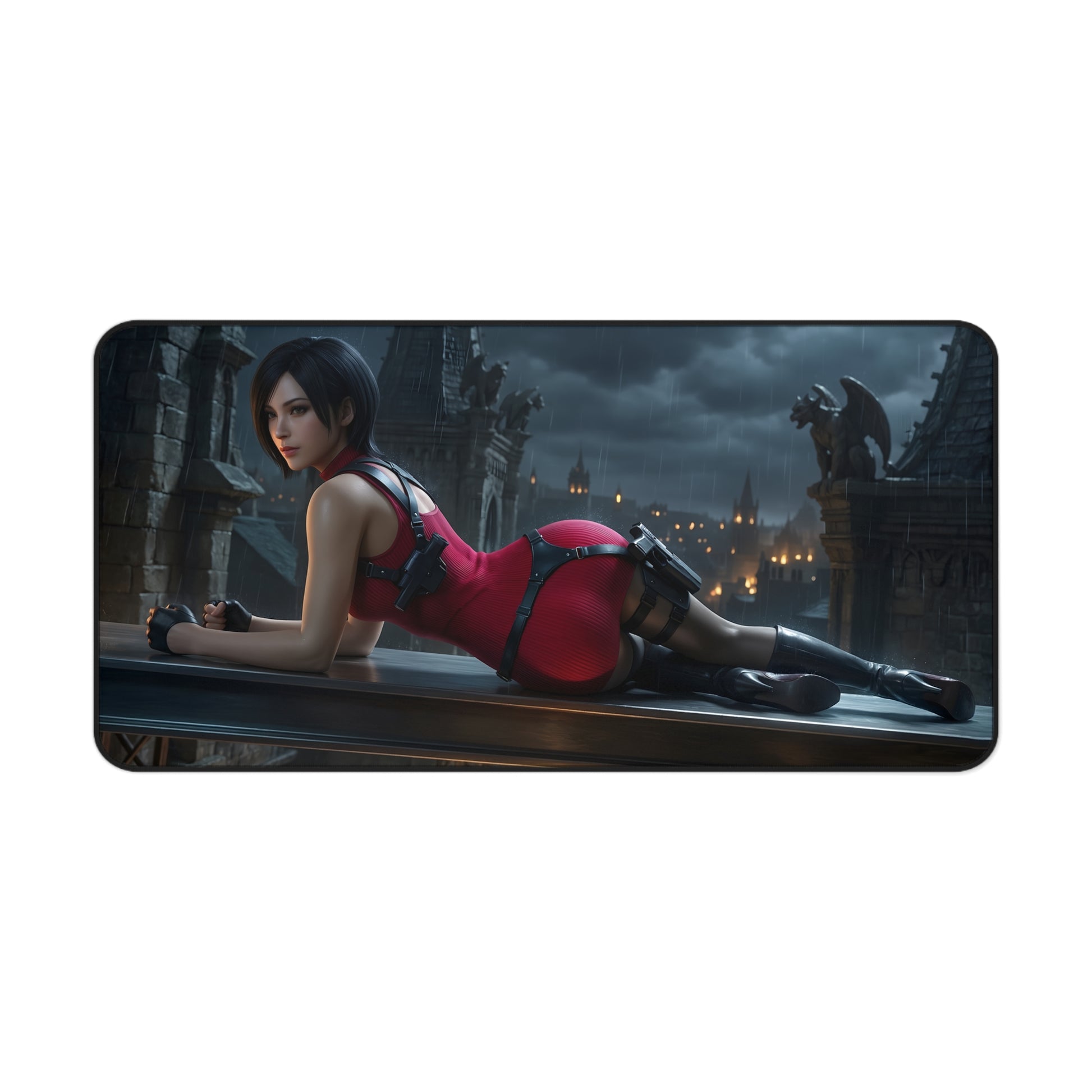 Ada Wong Mouse Pad – Action Game Gaming Mouse Pad, Stylish Gamer Desk Decor featuring Ada Wong in red outfit on gothic rooftop, premium stitched gaming mat
