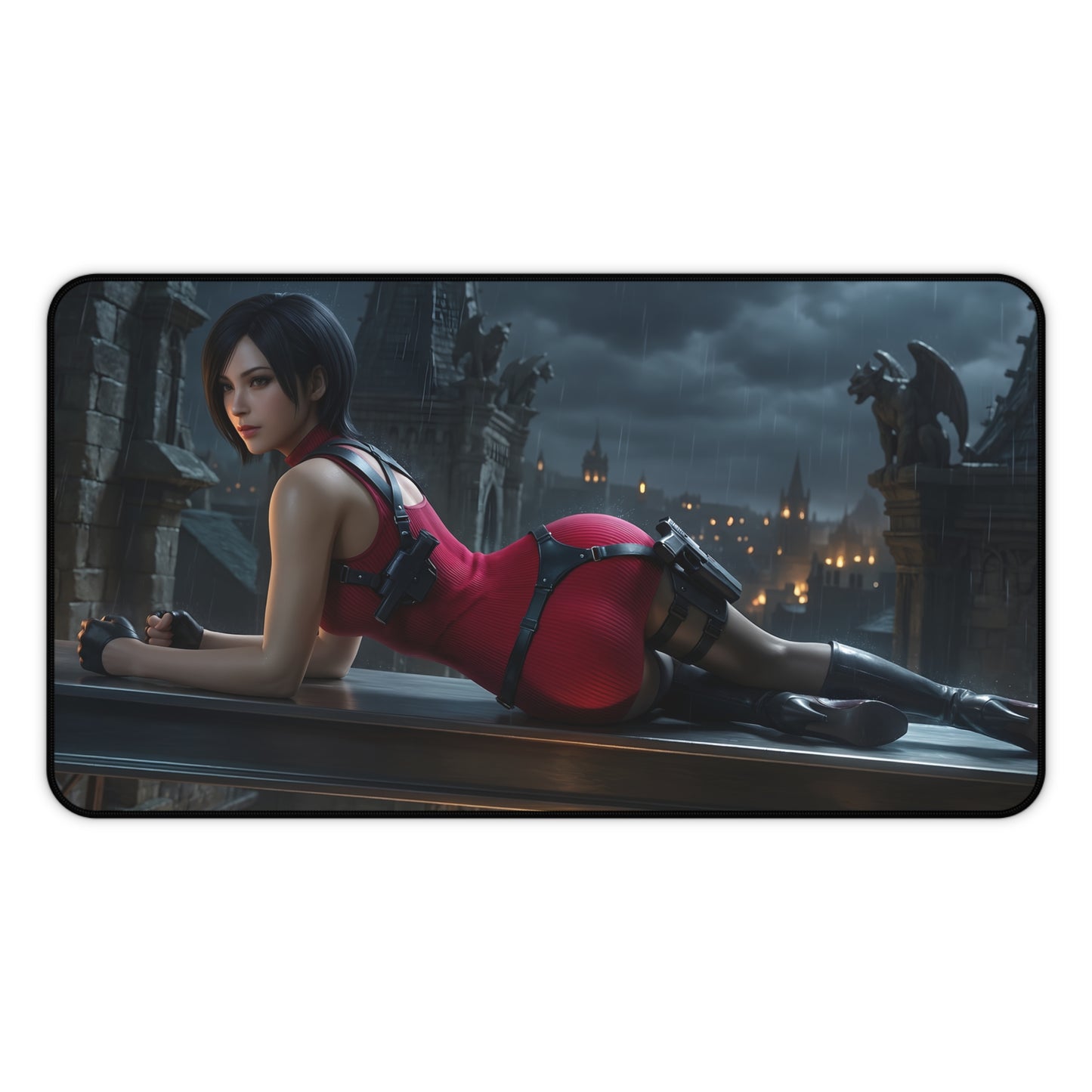 Ada Wong Mouse Pad – Action Game Gaming Mouse Pad, Stylish Gamer Desk Decor featuring Ada Wong in red outfit on gothic rooftop, smooth tracking surface