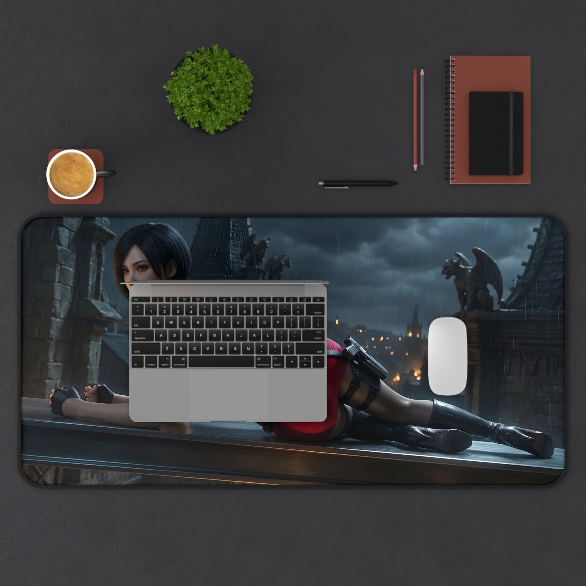 Ada Wong Mouse Pad – Action Game Gaming Mouse Pad, Stylish Gamer Desk Decor on modern gaming desk with laptop, mouse and dark gothic artwork
