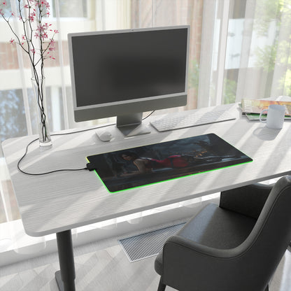 Ada Wong RGB Mouse Pad – Resident Evil LED Desk Mat, Gamer Room Setup on white desk with LED edge lighting and full keyboard coverage