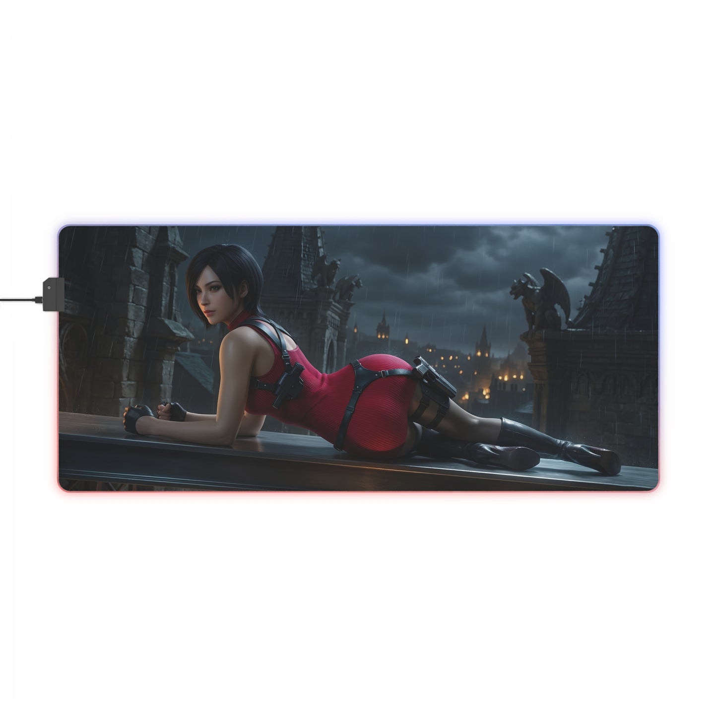 Ada Wong RGB Mouse Pad – Resident Evil LED Desk Mat, Gamer Room Setup featuring Ada Wong reclining artwork, RGB edge lighting, extended non-slip desk mat