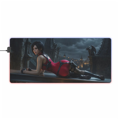 Ada Wong RGB Mouse Pad – Resident Evil LED Desk Mat, Gamer Room Setup featuring Ada Wong reclining artwork, RGB edge lighting, extended non-slip desk mat