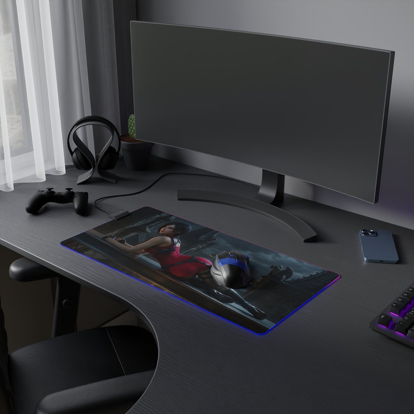 Ada Wong RGB Mouse Pad – Resident Evil LED Desk Mat, Gamer Room Setup - extended LED desk mat with Ada Wong artwork, RGB edge lighting, non-slip base