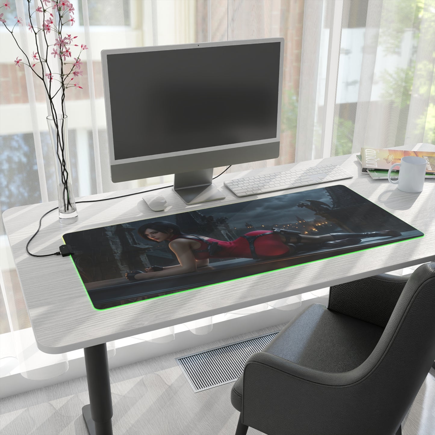 Ada Wong RGB Mouse Pad – Resident Evil LED Desk Mat, Gamer Room Setup on clean white desk with RGB edge lighting and extended keyboard coverage