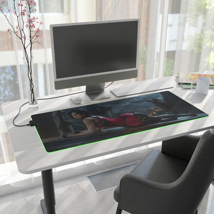 Ada Wong RGB Mouse Pad – Resident Evil LED Desk Mat, Gamer Room Setup on clean white desk with RGB edge lighting and extended keyboard coverage