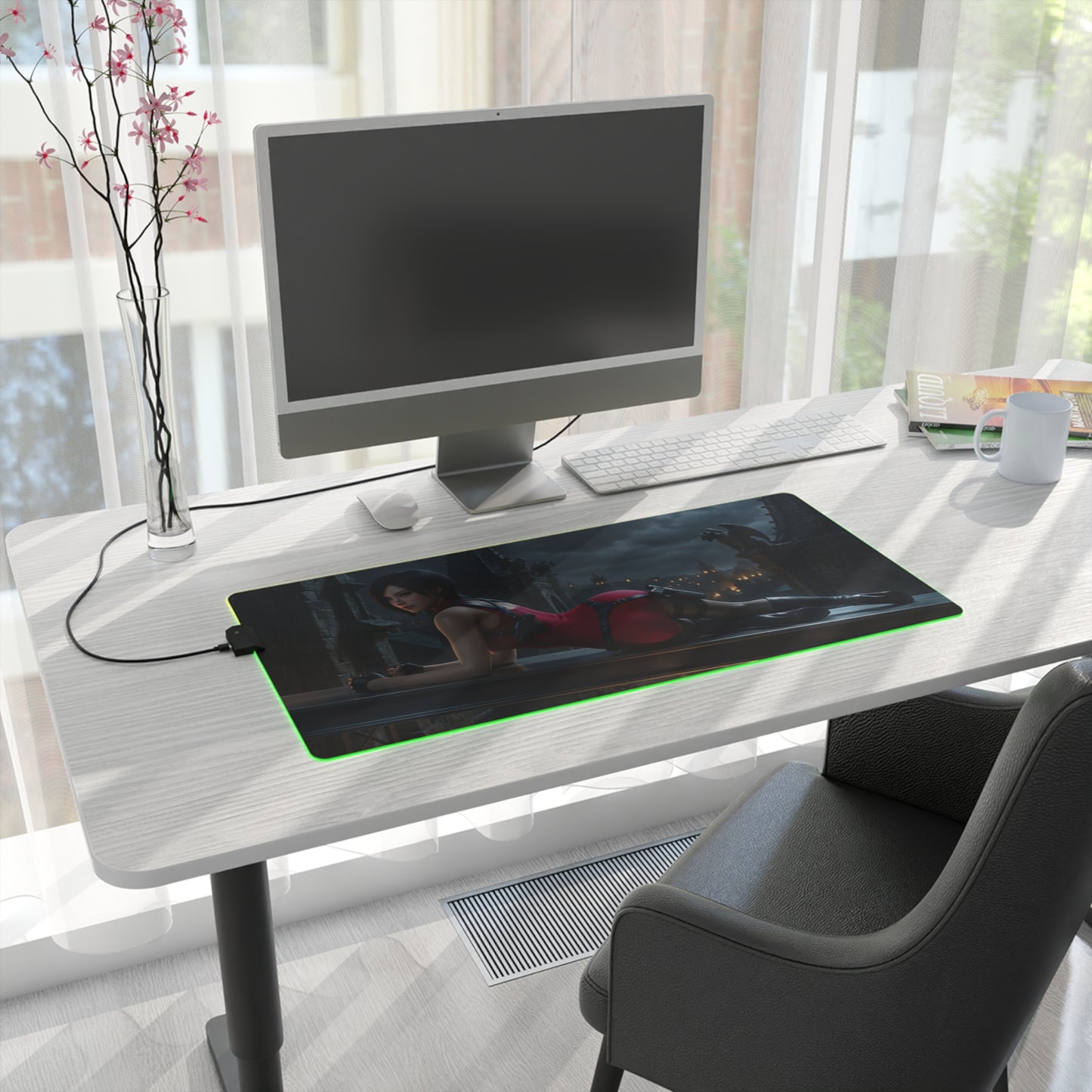 Ada Wong RGB Mouse Pad – Resident Evil LED Desk Mat, Gamer Room Setup large RGB desk mat showing cinematic Ada Wong artwork with green edge lighting