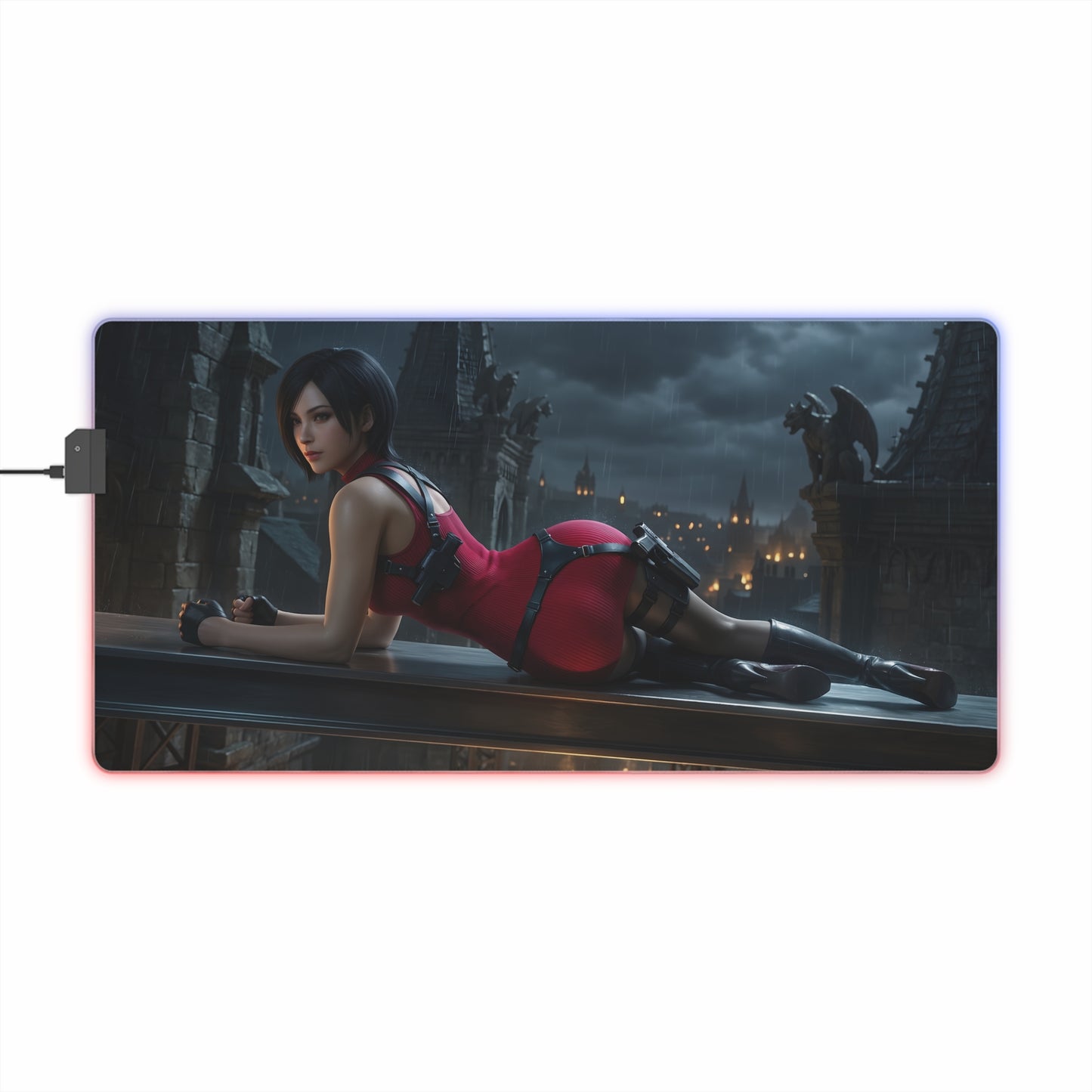 Ada Wong RGB Mouse Pad – Resident Evil LED Desk Mat, Gamer Room Setup featuring HD Ada Wong artwork with RGB edge lighting and non-slip backing
