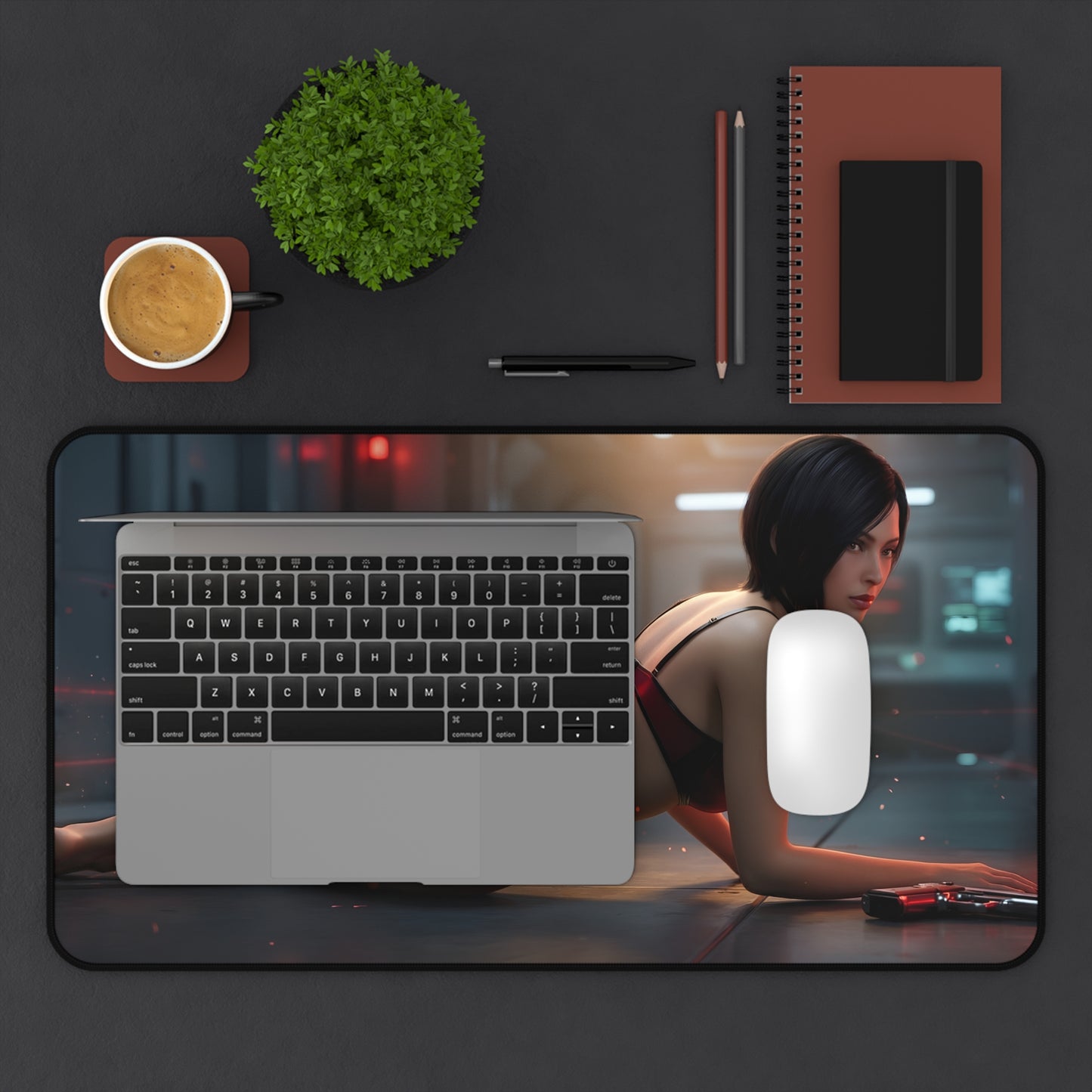 Ada Wong Mouse Pad – Tactical Action Gaming Mouse Pad, Stylish Gamer Desk Decor showing laptop and mouse on premium tactical artwork