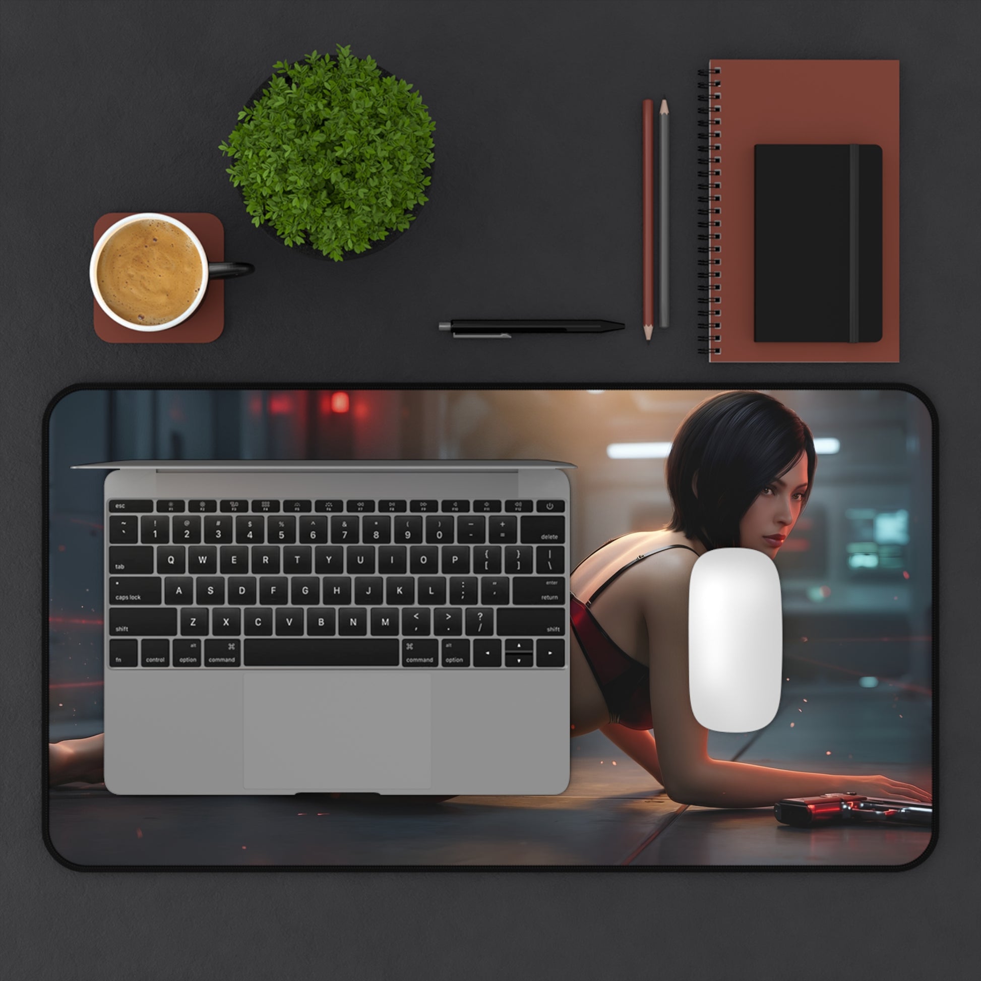 Ada Wong Mouse Pad – Tactical Action Gaming Mouse Pad, Stylish Gamer Desk Decor showing laptop and mouse on premium tactical artwork