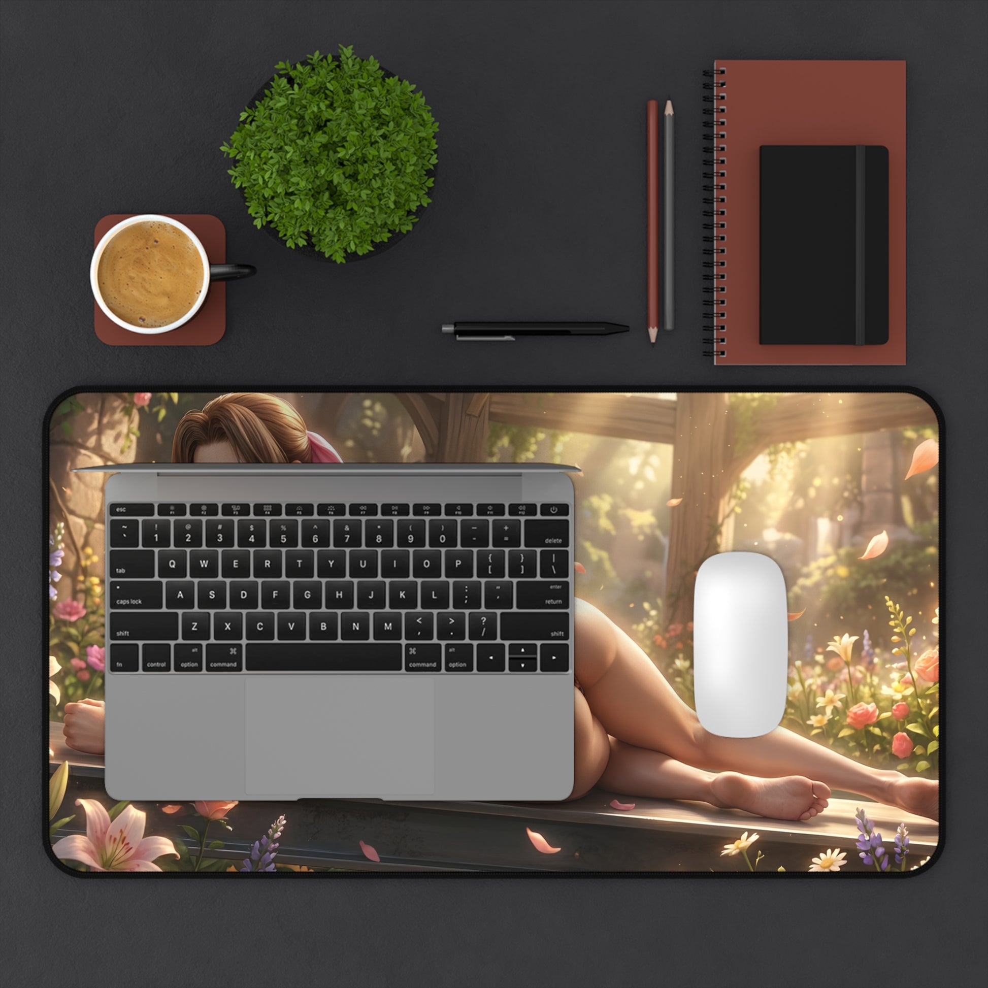 Aerith Mouse Pad – Fantasy RPG Gaming Mouse Pad, Stylish Gamer Desk Decor shown on a gaming desk with laptop, mouse, coffee and notebook