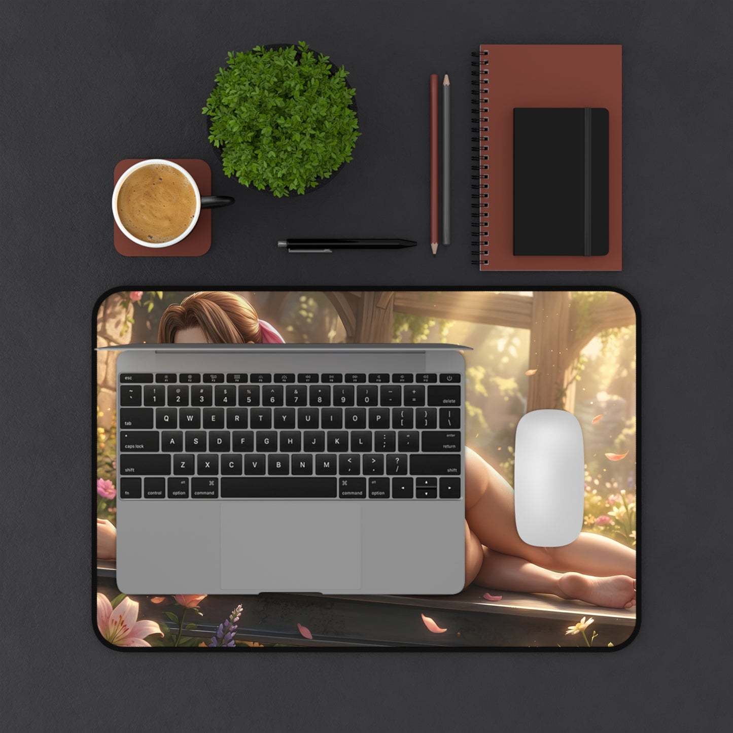 Aerith Mouse Pad – Fantasy RPG Gaming Mouse Pad, Stylish Gamer Desk Decor on a gaming desk with laptop, mouse and coffee