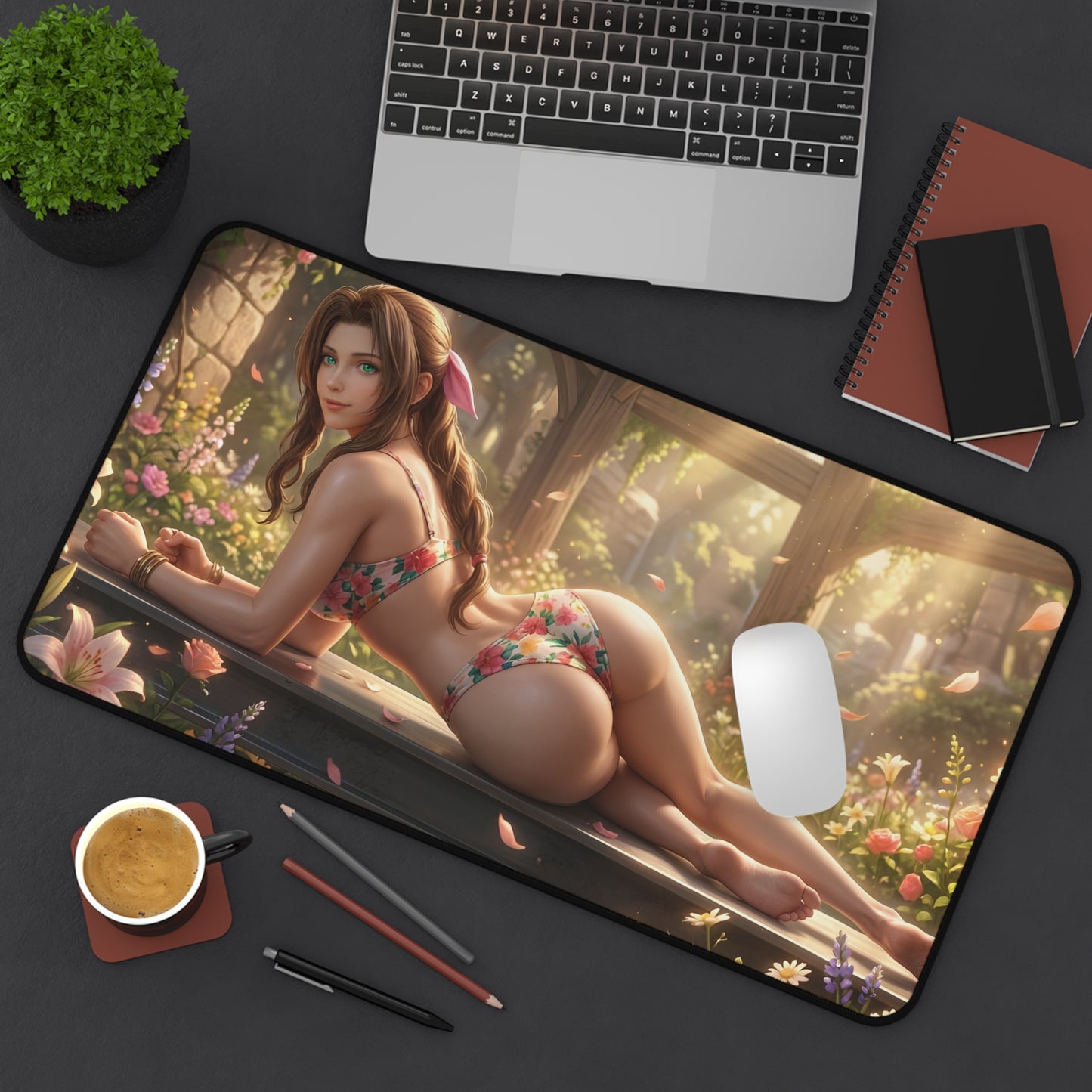 Aerith Mouse Pad – Fantasy RPG Gaming Mouse Pad, Stylish Gamer Desk Decor featuring detailed fantasy artwork on a gaming desk setup