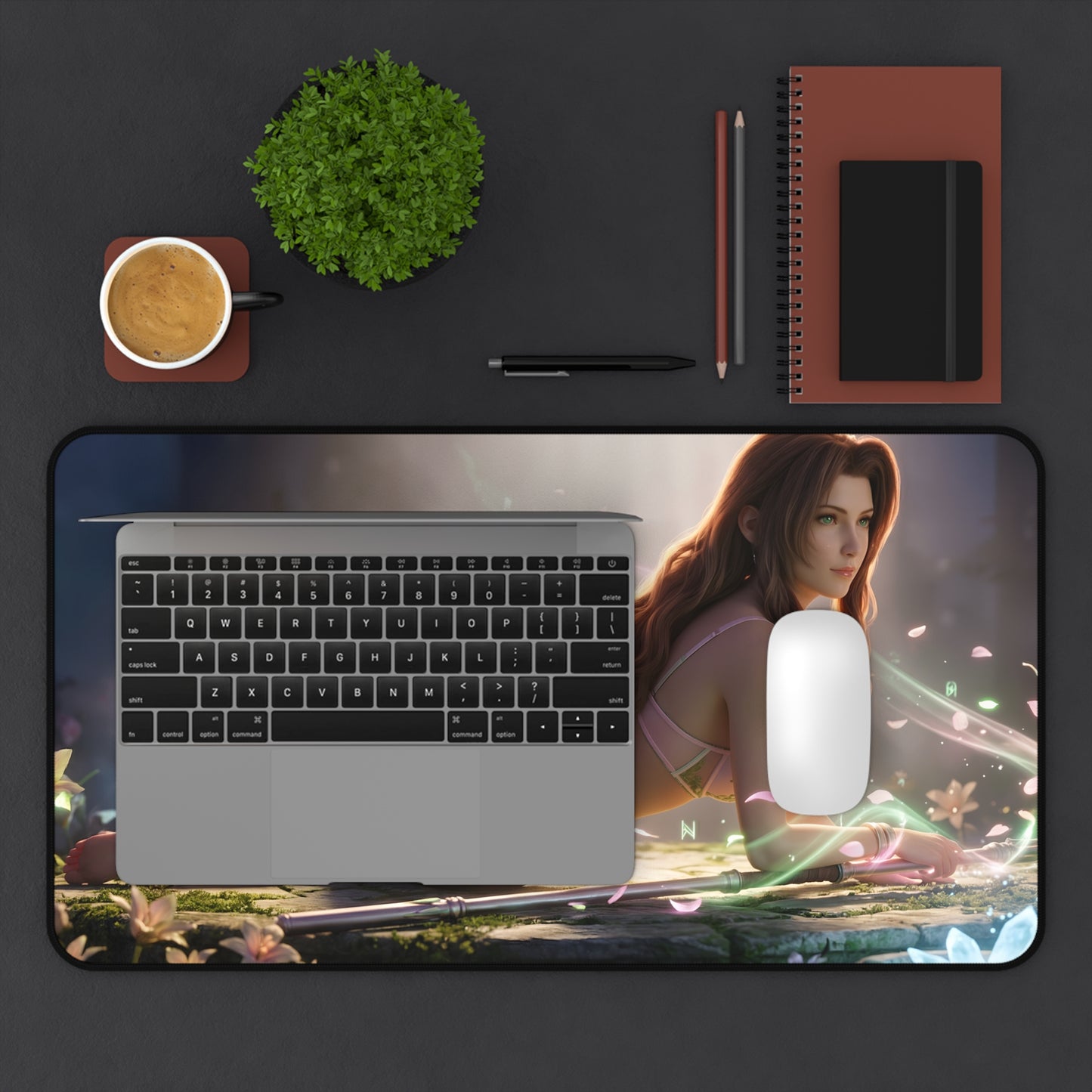 Aerith Gainsborough Mouse Pad – Fantasy RPG Gaming Mouse Pad, Stylish Gamer Desk Decor on elegant gaming desk with laptop, mouse, notebook