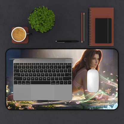 Aerith Gainsborough Mouse Pad – Fantasy RPG Gaming Mouse Pad, Stylish Gamer Desk Decor on elegant gaming desk with laptop, mouse, notebook