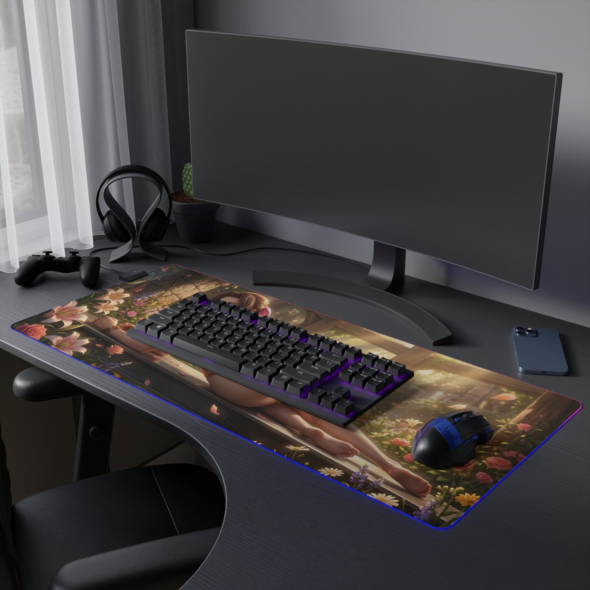 Aerith RGB Mouse Pad – Final Fantasy Illuminated Desk Mat, RPG Gamer Decor on desk with keyboard, mouse, RGB edge lighting and heroine artwork