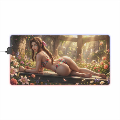 Aerith RGB Mouse Pad – Final Fantasy Illuminated Desk Mat, RPG Gamer Decor showing Aerith in floral bikini artwork with RGB edge lighting