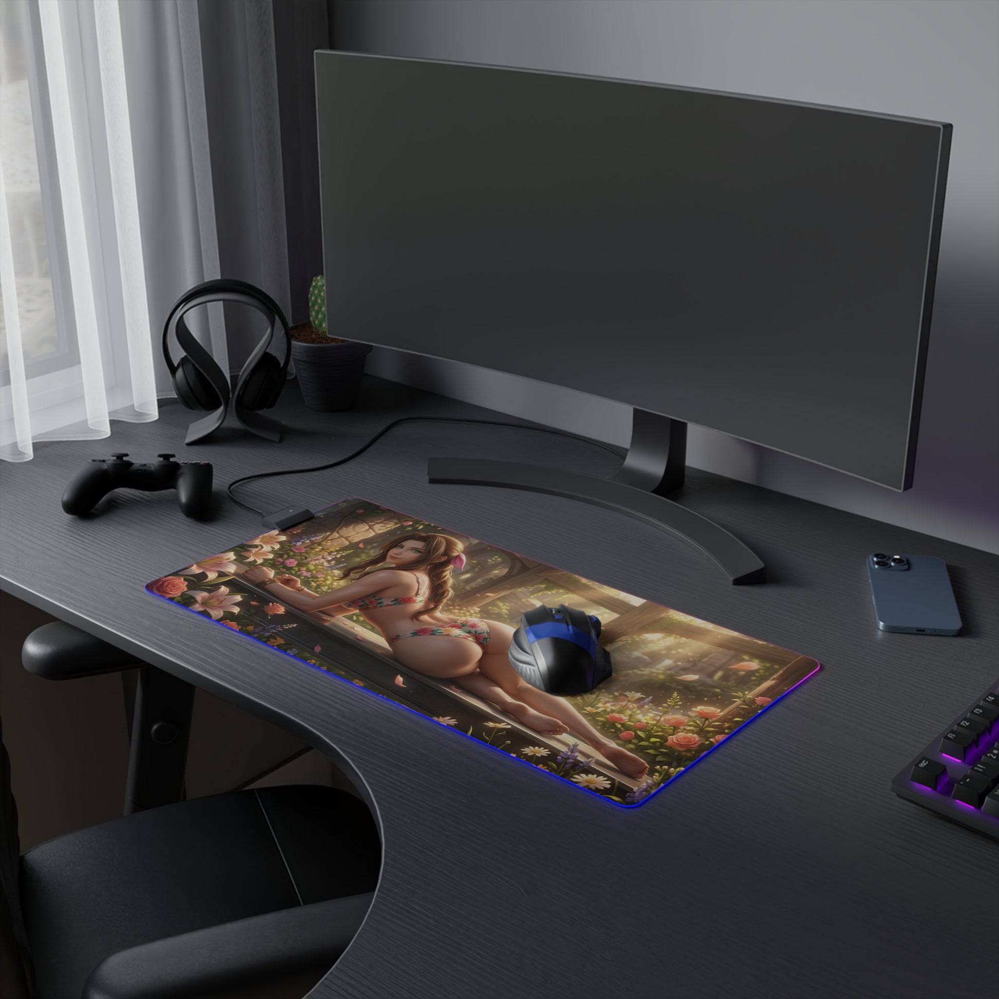 Aerith RGB Mouse Pad – Final Fantasy Illuminated Desk Mat, RPG Gamer Decor showcasing heroine artwork on an RGB-illuminated extended gaming desk mat