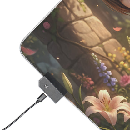 Aerith RGB Mouse Pad – Final Fantasy Illuminated Desk Mat, RPG Gamer Decor illuminated edge lit desk mat with floral heroine artwork and USB controller