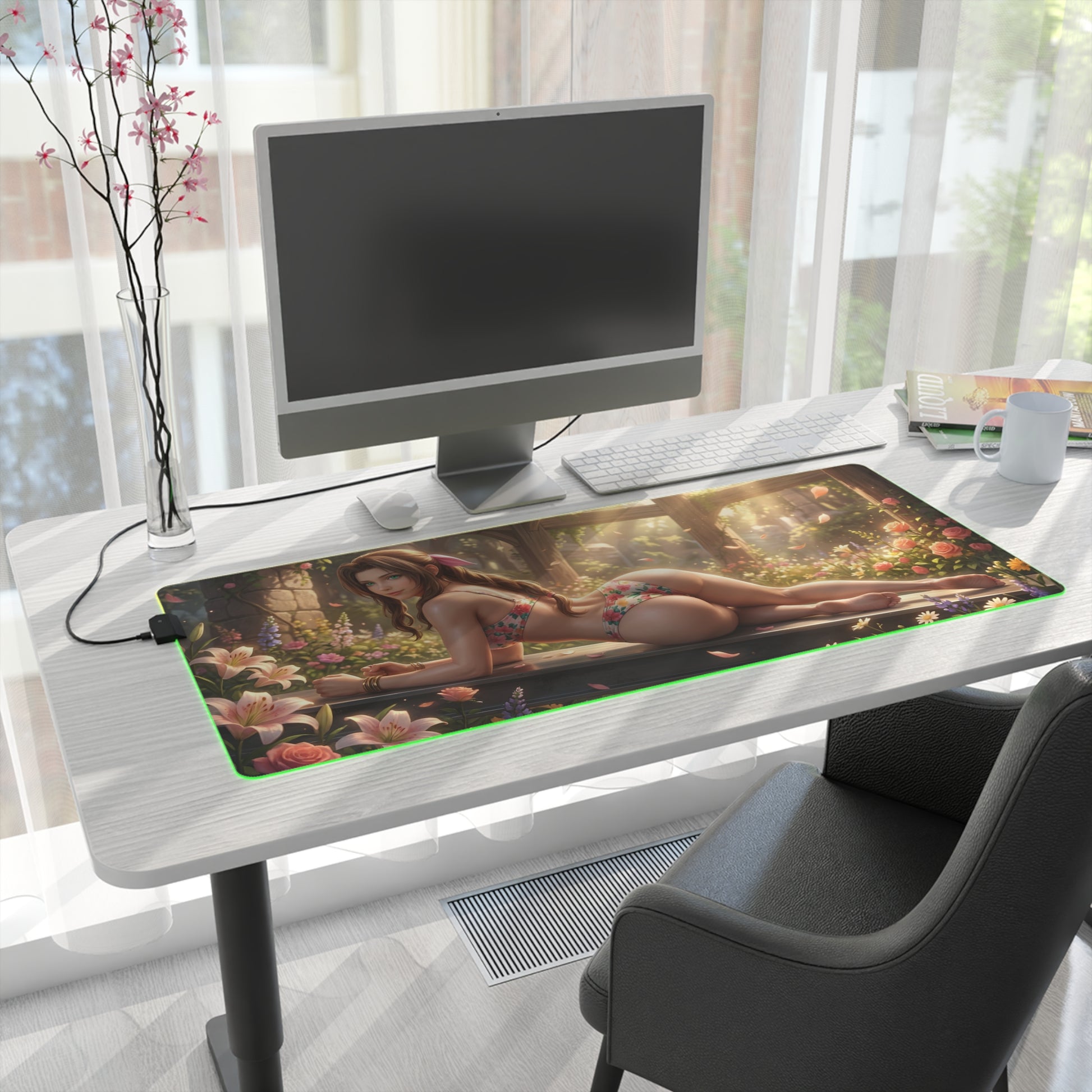Aerith RGB Mouse Pad – Final Fantasy Illuminated Desk Mat, RPG Gamer Decor on white desk with RGB edge lighting and extended keyboard mouse surface