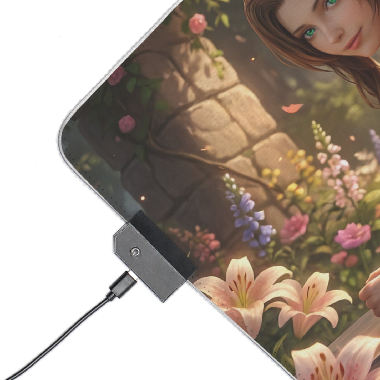 Aerith RGB Mouse Pad – Final Fantasy Illuminated Desk Mat, RPG Gamer Decor showing corner with RGB connector, floral artwork and anti-slip edge