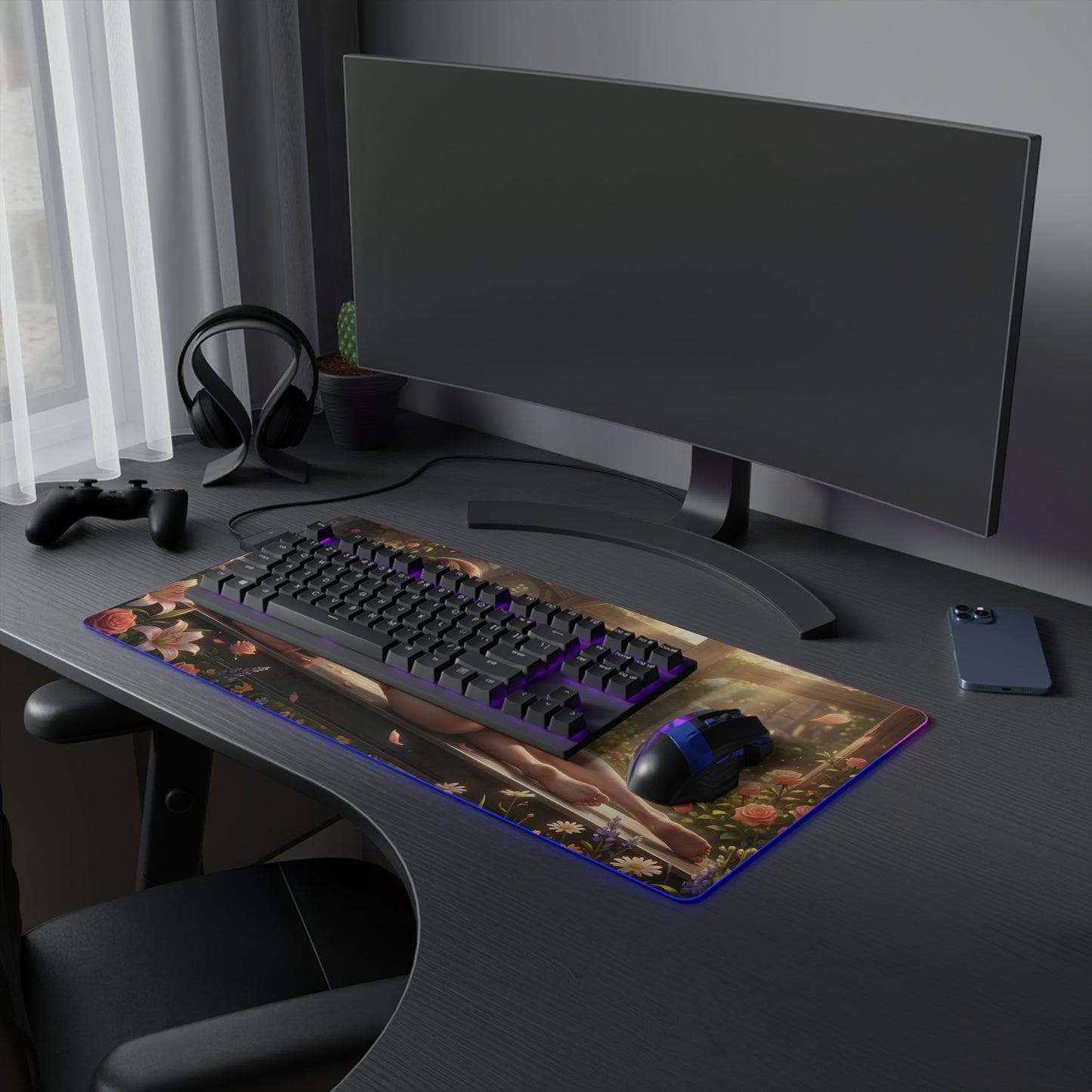 Aerith RGB Mouse Pad – Final Fantasy Illuminated Desk Mat, RPG Gamer Decor on a desk with keyboard, mouse and vibrant RGB edge lighting
