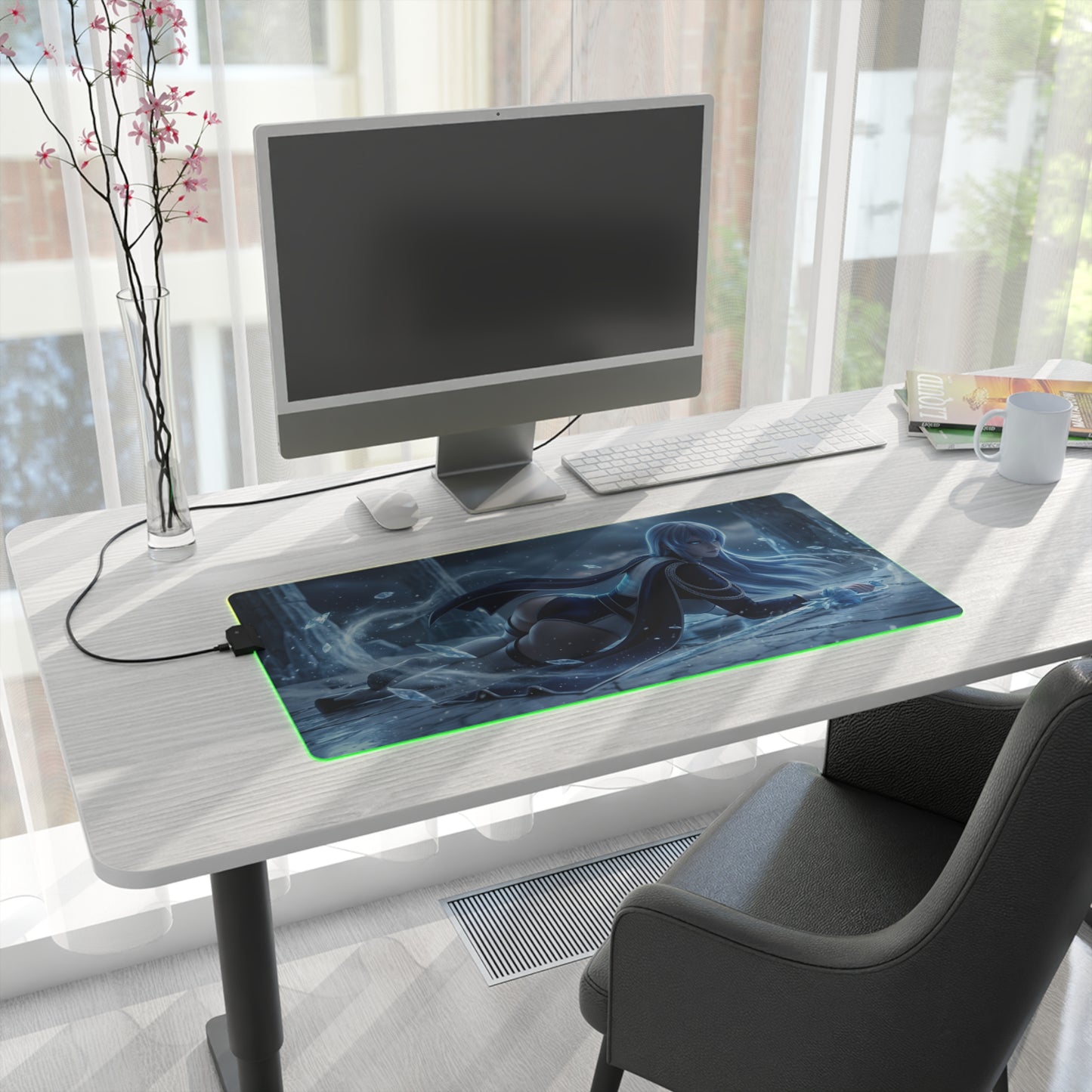 Akame ga Kill Mouse Pad, Esdeath LED RGB Desk Mat, Gift for Gamer, Anime Room Decor on gaming desk with icy Esdeath artwork and green RGB edge