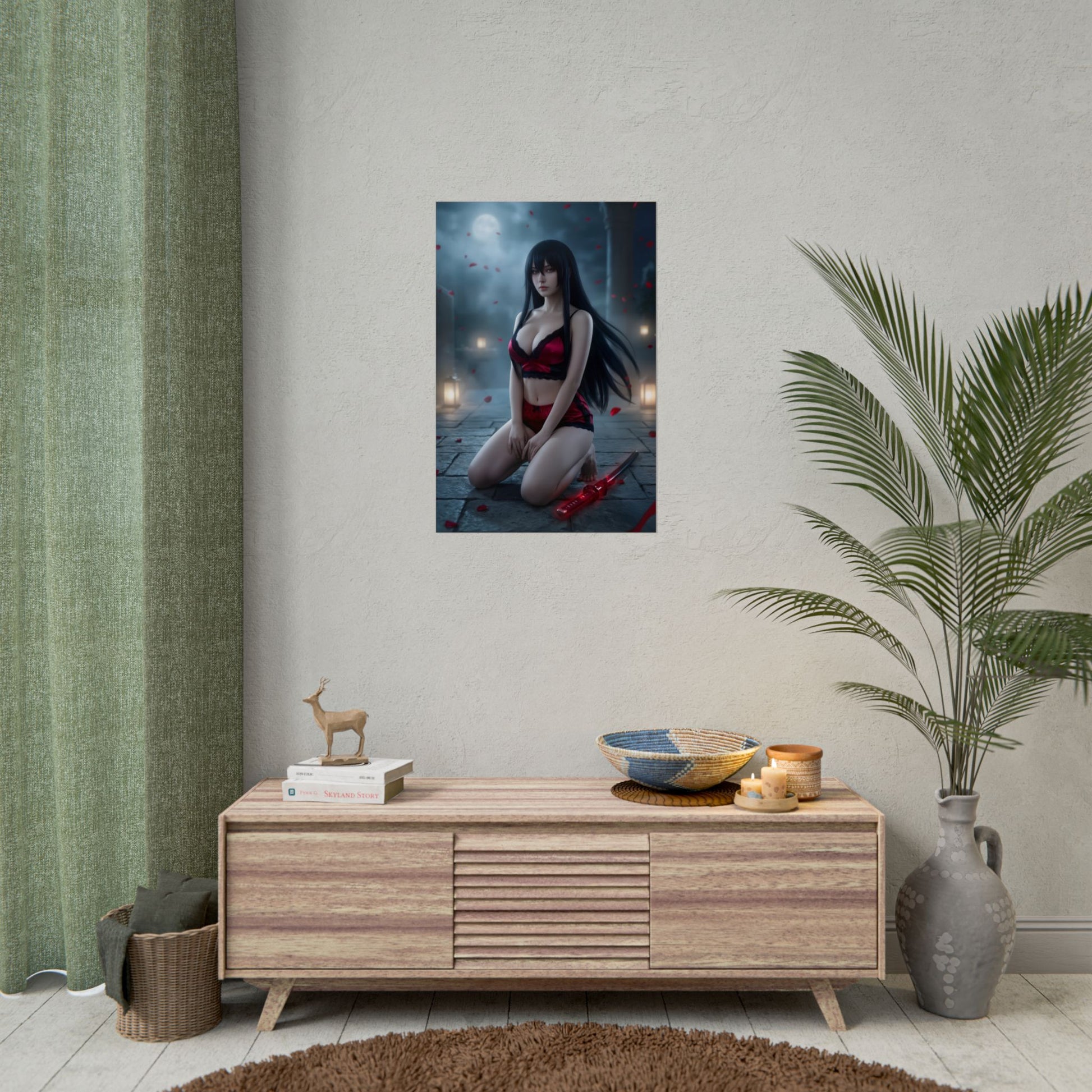 Akame Poster / Akame Wall Art / Akame Art Print / Dark Anime Warrior Poster - moonlit assassin with falling petals in moody interior