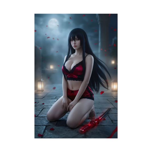 Akame Poster / Akame Wall Art / Akame Art Print / Dark Anime Warrior Poster showing moonlit assassin kneeling with red petals and sword