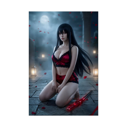Akame Poster / Akame Wall Art / Akame Art Print / Dark Anime Warrior Poster — moonlit assassin kneeling with red petals and sword