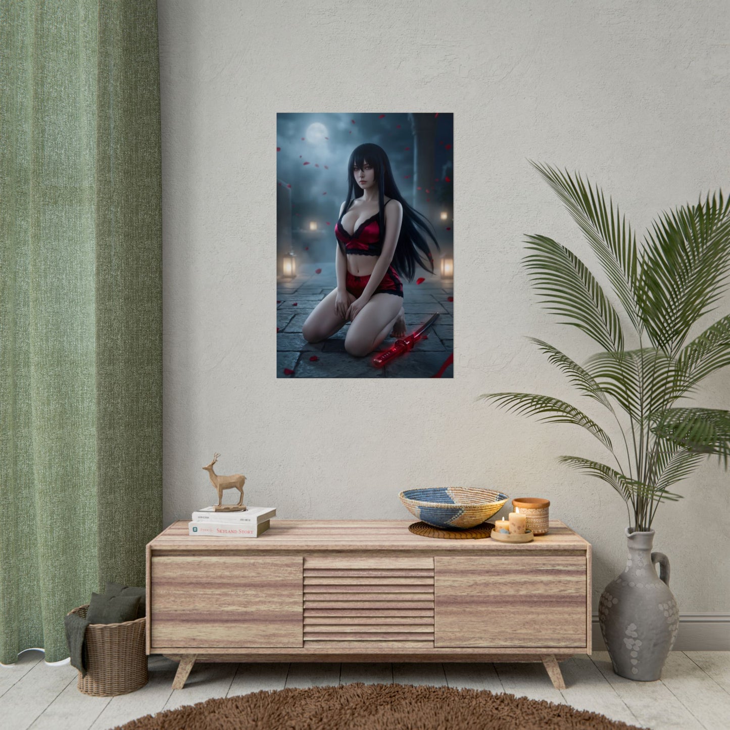 Akame Poster / Akame Wall Art / Akame Art Print / Dark Anime Warrior Poster featuring moonlit assassin kneeling with falling petals, dark elegant warrior art