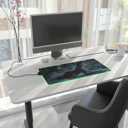 Alice Mouse Pad, Resident Evil RGB Desk Mat, Gift for Gamer, Horror Game Decor - RGB illuminated desk mat with Alice artwork on white gaming desk