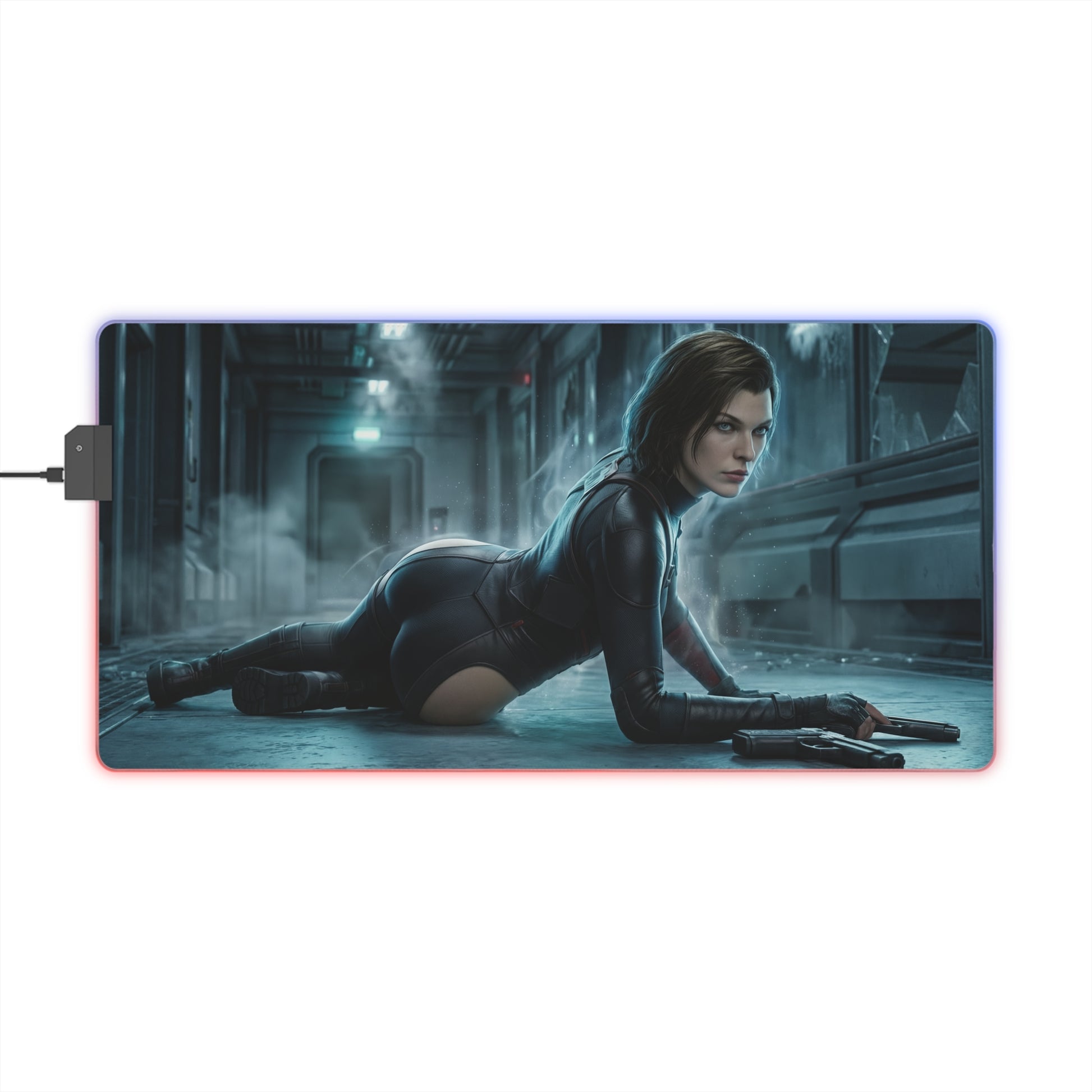 Alice Mouse Pad, Resident Evil RGB Desk Mat, Gift for Gamer, Horror Game Decor — Alice in combat pose on illuminated horror game desk mat