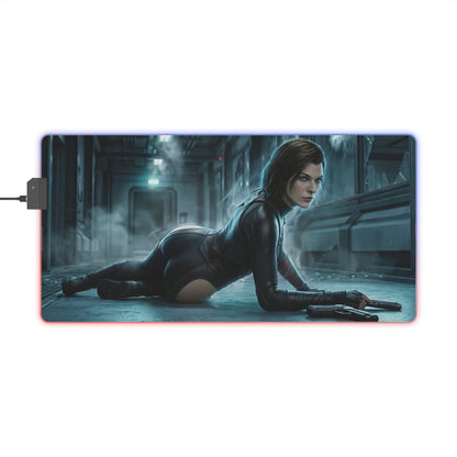 Alice Mouse Pad, Resident Evil RGB Desk Mat, Gift for Gamer, Horror Game Decor — Alice in combat pose on illuminated horror game desk mat
